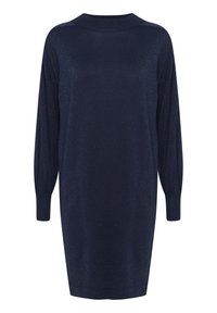 Abito blu navy con maniche lunghe a sbuffo e una sottile lucentezza. Realizzato in tessuto morbido, presenta una vestibilità comoda e polsini a costine.