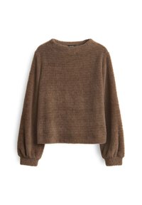 Brauner, flauschiger Pullover mit langen, gerafften Ärmeln und rundem Ausschnitt. Weiche Textur, cropped Design und minimale Details.