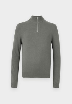 Gray knitted sweater with a high collar, featuring a half zipper, long sleeves, and ribbed cuffs and hem. Smooth texture, casual design.