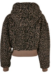 Haut à capuche court en imprimé léopard noir et marron, fabriqué en tissu texturé et doux avec un ourlet et des poignets côtelés assortis, doté d'une capuche.
