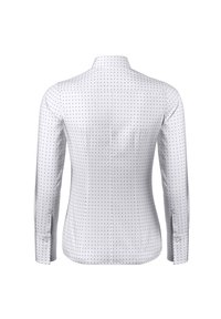 Weiße langärmelige Bluse mit taillierter Passform, die marineblaue Punkte, einen spitz zulaufenden Kragen und Knopfmanschetten aufweist. Der Rückenteil hat eine Schulterpasse und Nähte.