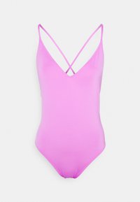 Pink one-piece swimsuit with a V-neck, featuring crisscross straps at the back. Made from smooth, stretchy material.