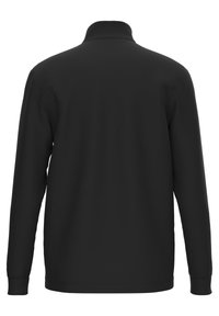 Schwarzes Langarm-Polohemd mit Stehkragen, glatter Textur und ohne sichtbare Muster oder Hardware. Sauberes, minimalistisches Design.