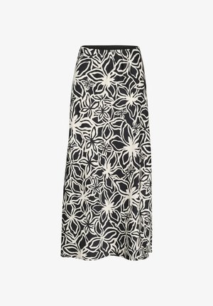 Maxi spódnica wykonana z lekkiego materiału, z czarnym tłem i białym kwiatowym wzorem, z elastycznym pasem i zwiewnym krojem.