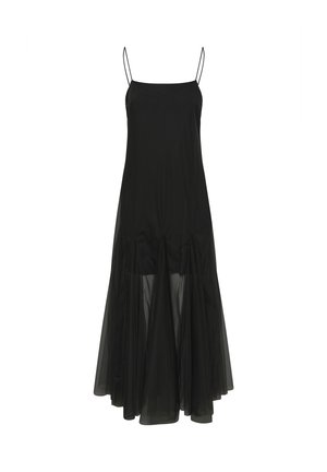 Abito nero con spalline sottili regolabili, un busto aderente e una gonna svasata in tulle con design a strati. Texture del tessuto liscia.