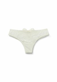 Lace thong in off-white, featuring floral patterns, V-shape at the front, and a small satin bow accent at the back. Soft, sheer material.