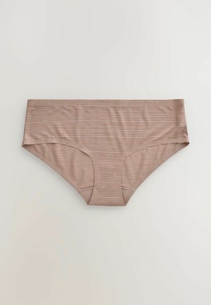 Ljusbruna hipsterunderkläder med subtila horisontella ränder, tillverkade av mjukt tyg, med släta kanter och ingen synlig hårdvara.