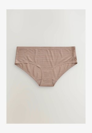 Boxer hipster marroni chiari con sottili righe orizzontali, realizzati in morbido tessuto, con bordi lisci e senza parti metalliche visibili.