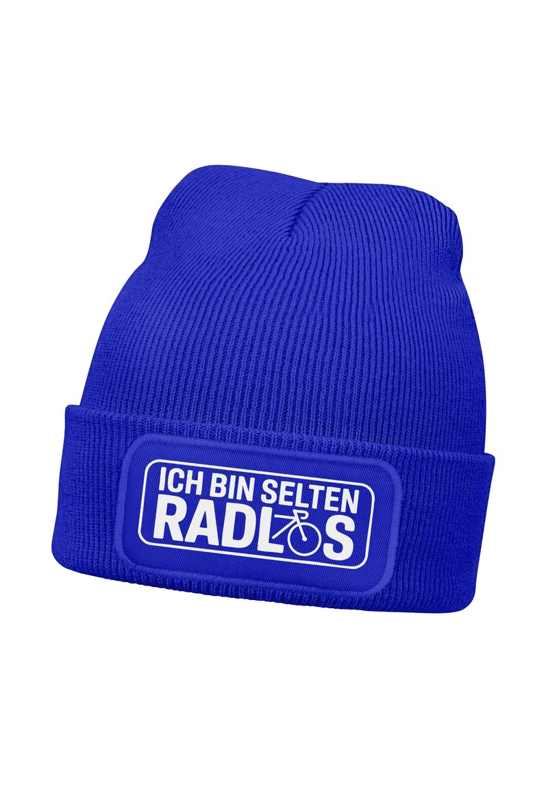 Blue knit beanie hat featuring a white patch with the text "ICH BIN SELTEN RADLOS" and a bicycle graphic. Textured ribbed material.