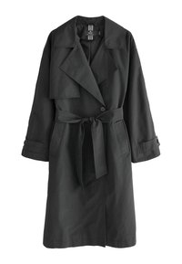 Mörkgrå trenchcoat med breda slag, ett knytbart midjebälte och knäppta ärmslut. Tillverkad av ett slätt, lätt material.