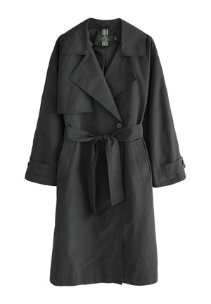 Dark gray trench coat with wide lapels, a tied waist belt, and buttoned cuffs. Made from a smooth, lightweight material.