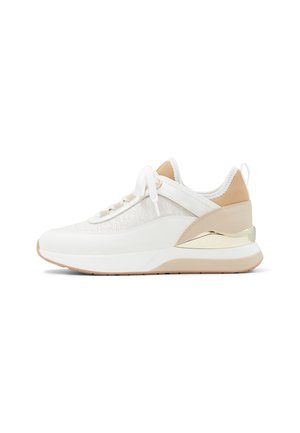 White and beige women's sneaker with lace-up closure, textured side panel, cushioned sole, and gold accent on the heel.