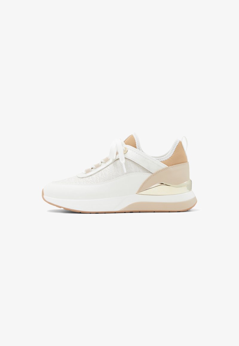 White and beige women's sneaker with lace-up closure, textured side panel, cushioned sole, and gold accent on the heel.