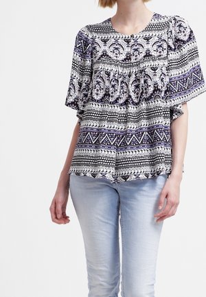 Top con motivo floreale e geometrico in nero, bianco e viola, con maniche corte, design arricciato e scollatura rotonda.
