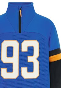 Niebieska kurtka zapinana na zamek z wysokim kołnierzem, z siateczkowego materiału, z dużą białą cyfrą "93" na przodzie oraz pomarańczowymi akcentami na ramionach.