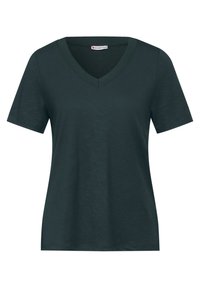 Tmavě zelené tričko s krátkým rukávem a výstřihem do V vyrobené z měkké bavlny. Disponuje uvolněným střihem, hladkou texturou a jednoduchým designem.