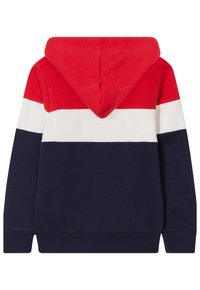 Felpa con cappuccio caratterizzata da ampie righe orizzontali in rosso, bianco e blu navy. Realizzata in morbido cotone, con polsini e orlo a coste.