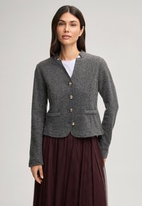 Blazer grigio in misto lana con siluetta aderente, chiusura a cinque bottoni e colletto a punta. Presenta due tasche frontali e una texture liscia.