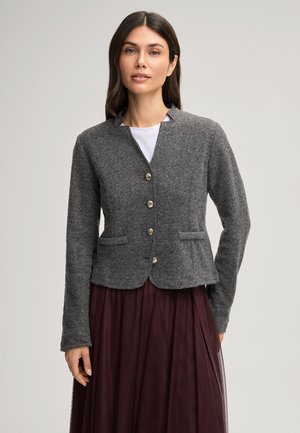 Grijze wollen blazer met een aansluitende pasvorm, vijfknopen-sluiting en een notched collar. Heeft twee voorkiezen en een gladde textuur.