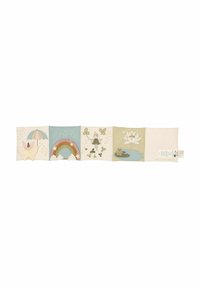 Fabric wall hanging featuring four panels. Colors include pink, blue, green, and cream. Designs include a butterfly, umbrella, rainbow, and lotus flower.