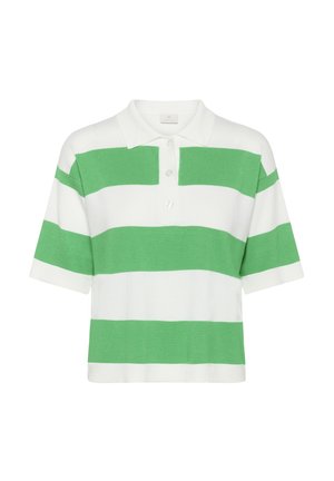 Polo à manches courtes rayé horizontalement blanc et vert avec un col et trois boutons à l'avant.
