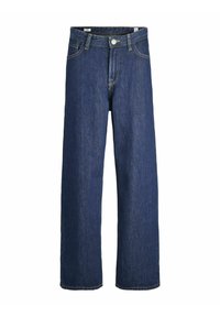 Jeans de pierna ancha en azul oscuro con una cintura alta y estilo clásico de cinco bolsillos, con cierre de botón y presillas para cinturón.