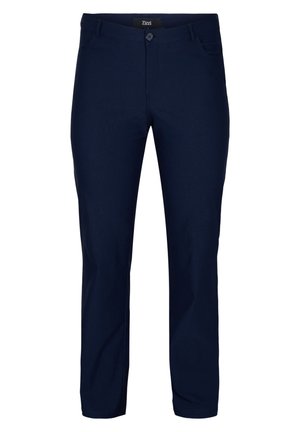 Navy blue trousers made from a smooth fabric, featuring a button closure, belt loops, front pockets, and a straight cut design.
