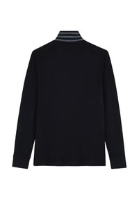 Polo noir à manches longues avec un col rayé en gris et noir. Texture lisse avec des poignets ajustés et un dos épuré.