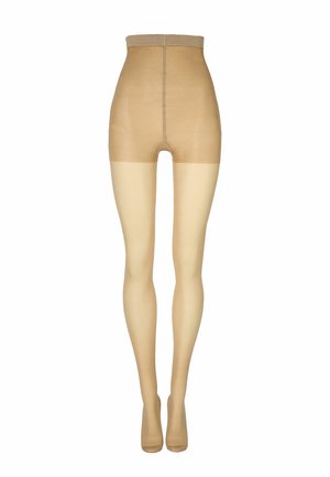 Transparente beige Strumpfhosen mit verstärktem, blickdichtem Hosenbund in hoher Taille und blickdichtem Fußbereich, an Schaufensterpuppenbeinen dargestellt.