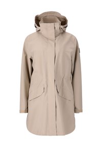 Veste imperméable beige avec un col haut, une capuche réglable et deux poches avant. Texture lisse, design minimaliste et manches longues.