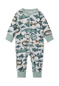 Langsleeve baby jumpsuit in het wit met een vispatroon. Voorzien van een ritssluiting aan de voorkant en mintgroene manchetten, gemaakt van zachte katoenen stof.