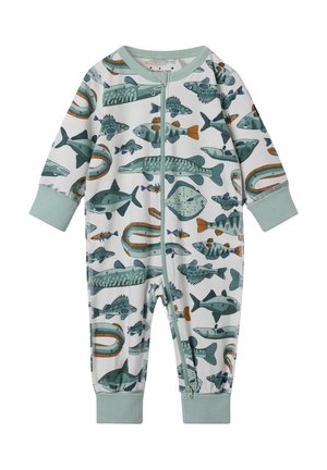 Langsleeve baby jumpsuit in het wit met een vispatroon. Voorzien van een ritssluiting aan de voorkant en mintgroene manchetten, gemaakt van zachte katoenen stof.