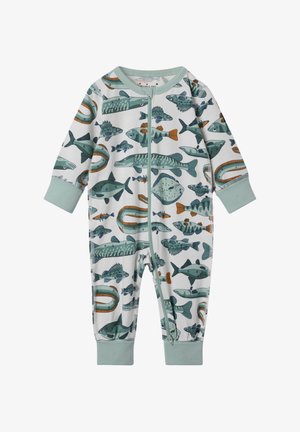 Langsleeve baby jumpsuit in het wit met een vispatroon. Voorzien van een ritssluiting aan de voorkant en mintgroene manchetten, gemaakt van zachte katoenen stof.