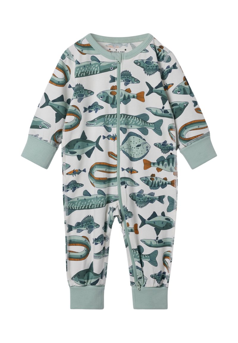 Langsleeve baby jumpsuit in het wit met een vispatroon. Voorzien van een ritssluiting aan de voorkant en mintgroene manchetten, gemaakt van zachte katoenen stof.