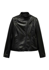 Black leather jacket with a high collar, front zip closure, two side pockets, and smooth texture. Simple, structured design with minimal seams.