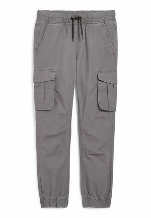 Szare spodnie cargo z elastycznym pasem, czarnym troczkiem, bocznymi kieszeniami z klapami oraz elastycznymi ściągaczami przy kostkach.