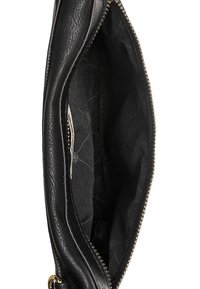 Black leather handbag interior, featuring a zipper closure and a textured fabric lining. Smooth outer finish with metallic zipper details.