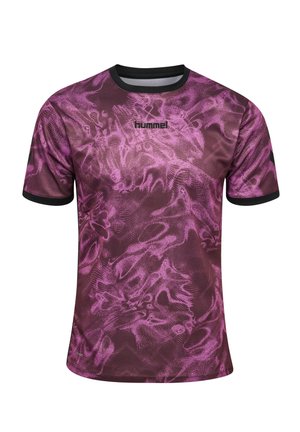 Kortærmet sportstrøje med pink og mørklilla abstrakt mønster, sort krave og ærmekanter samt sort "hummel" logo på brystet.