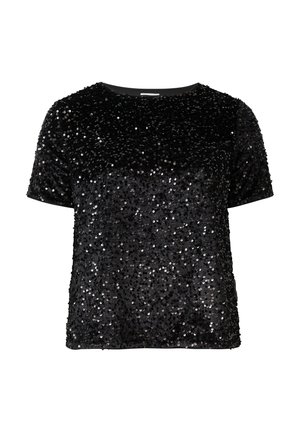 Zwarte pailletten top met korte mouwen en een ronde hals, met een gestructureerd oppervlak bedekt met glanzende, overlappende pailletten.