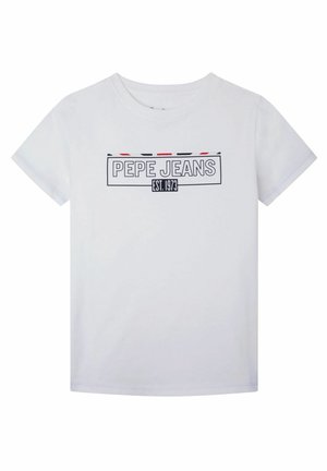 Camiseta de algodón blanca con un estampado gráfico en negro y rojo que dice "PEPE JEANS EST. 1973" en un diseño rectangular. Mangas cortas.