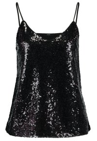 Schwarzes Camisole-Top mit dünnen Trägern, bedeckt mit glänzenden Pailletten, mit lockerer Passform und glatter Textur.