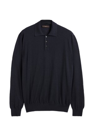 Polo in maglia blu scuro a manica lunga con tre bottoni, polsini a coste e fascia a coste in vita.