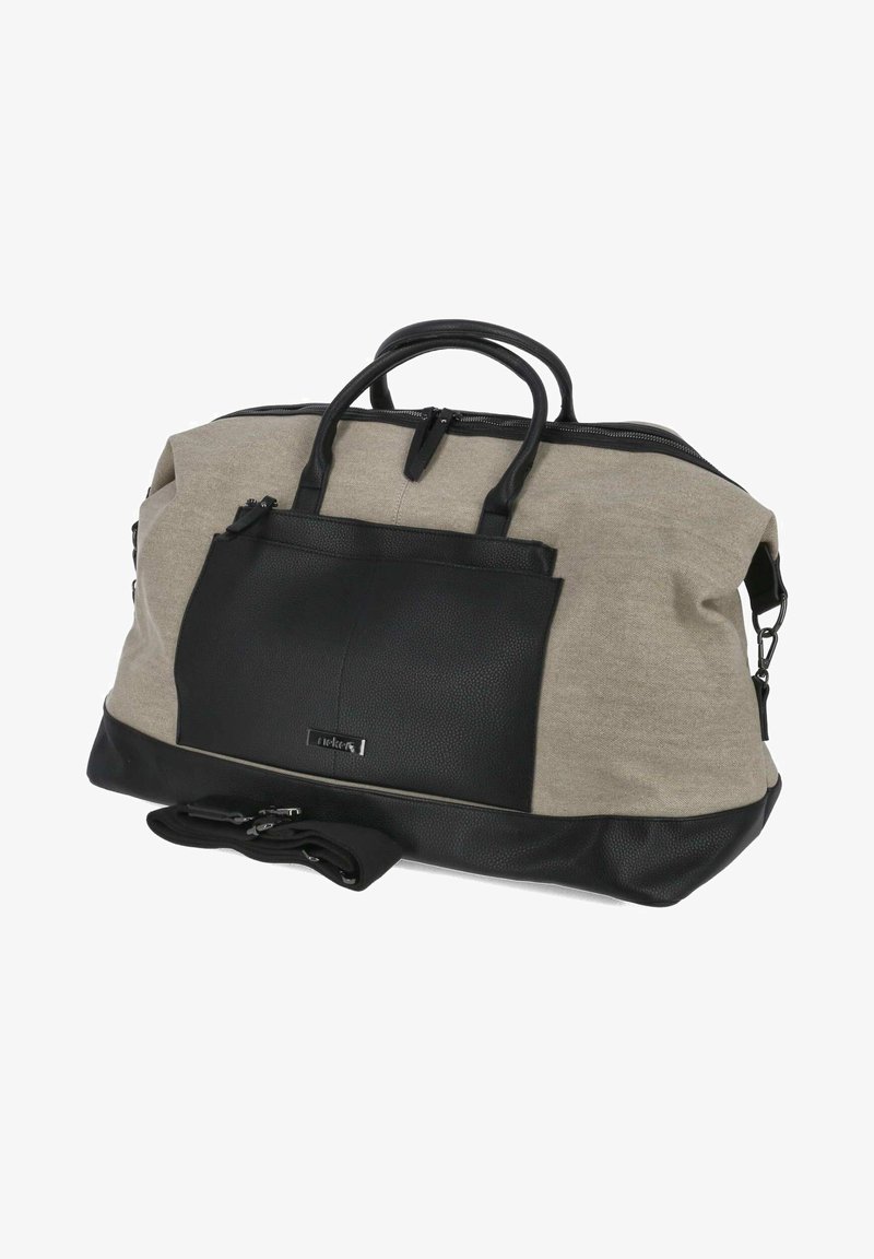 Large duffel bag with a grey canvas body and black leather accents. Features dual handles and a front zip pocket. Includes a detachable shoulder strap.