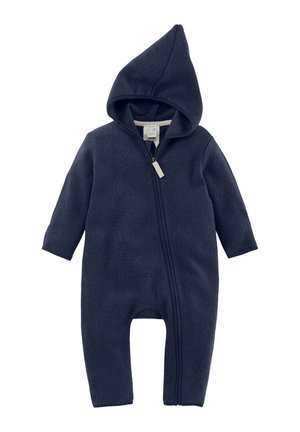 Combinaison en polaire bleu marine avec une capuche pointue, des manches longues et une fermeture zippée à l'avant. Texture douce et conçue pour la chaleur.