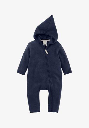 Donkerblauwe fleece romper met een puntige capuchon, lange mouwen en een voorkant met rits. Zachte textuur en ontworpen voor warmte.