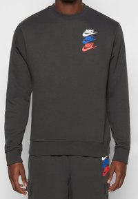 Mikina Nike v tmavě šedé bavlněné směsi. Má kulatý výstřih a tři naskládané loga v bílé, modré a červené barvě na hrudi.