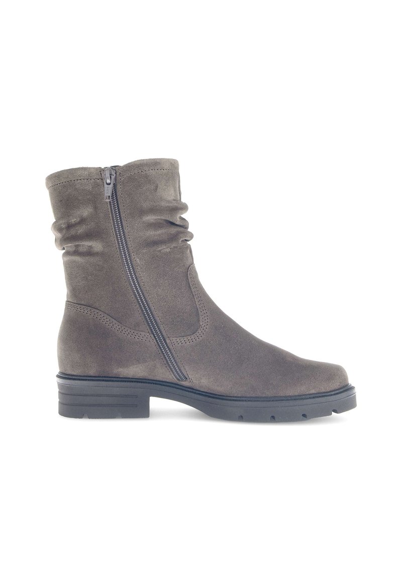 Gray suede ankle boot with a slouchy design, side zipper, rounded toe, and black rubber sole featuring textured grip.