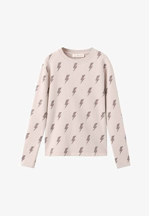 Vaaleanpunainen pitkähihainen paita, jossa toistuva tummanruskea salamanisku -kuvio. Pehmeä kangas, pyöreä pääntie ja rento istuvuus.