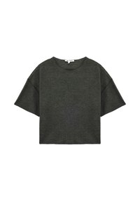 Top corto de color verde oscuro, de mangas cortas y corte holgado, hecho de una suave tela texturizada con escote redondo y costuras de hombro caídas.