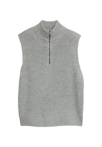 Grauer ärmelloser Pullover mit hohem gerippten Kragen und einem Reißverschluss an der Vorderseite. Der Stoff zeigt ein strukturiertes Strickmuster und einen gerippten Saum.